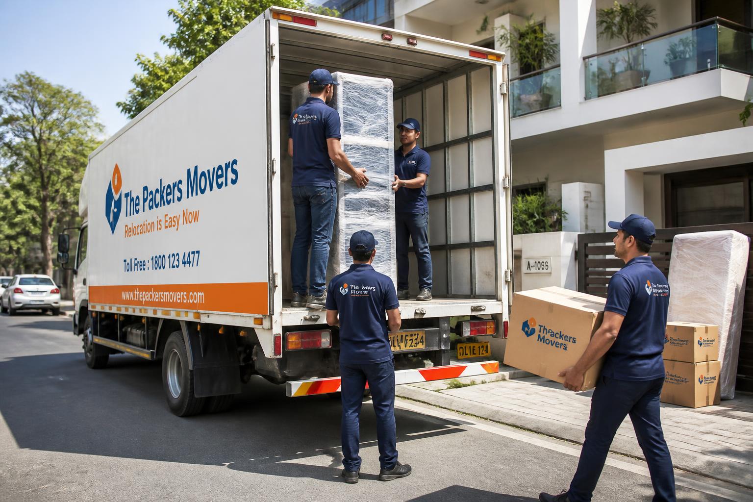 Professional movers loading wrapped furniture and cartons into a modern moving truck